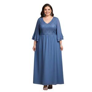 Bloomchic Plus Size 3X Blue Lace & Chiffon Maxi Dress With Flutter Sleeves